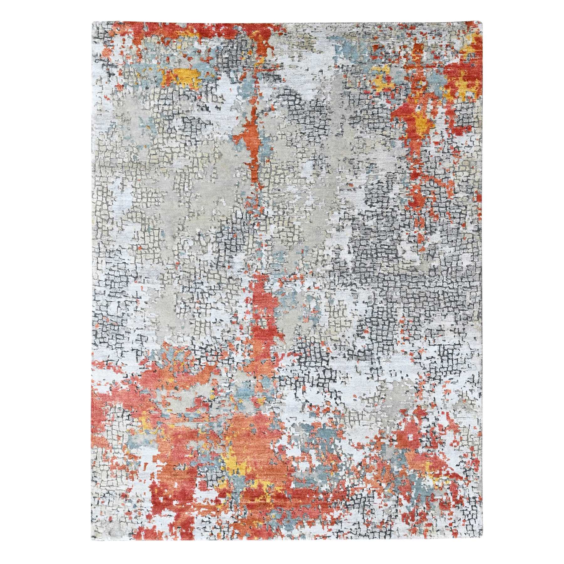 5'x6'10" Burnt Orange with Gray, Abstract with Fire Mosaic Design, Hand Knotted, Wool and Silk, Oriental Rug 